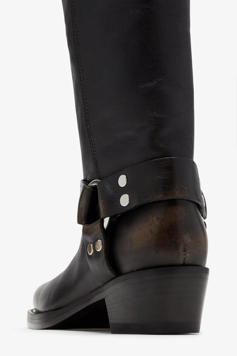 Women's Western Riding Boots Mid Calf Fashion Buckle Square Toe Chunky Heel Wide Calf Biker Boots Motorcycle Pull On Boots