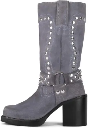 Women's Western Riding Boots Mid Calf Fashion Buckle Square Toe Chunky Heel Wide Calf Biker Boots Motorcycle Pull On Boots