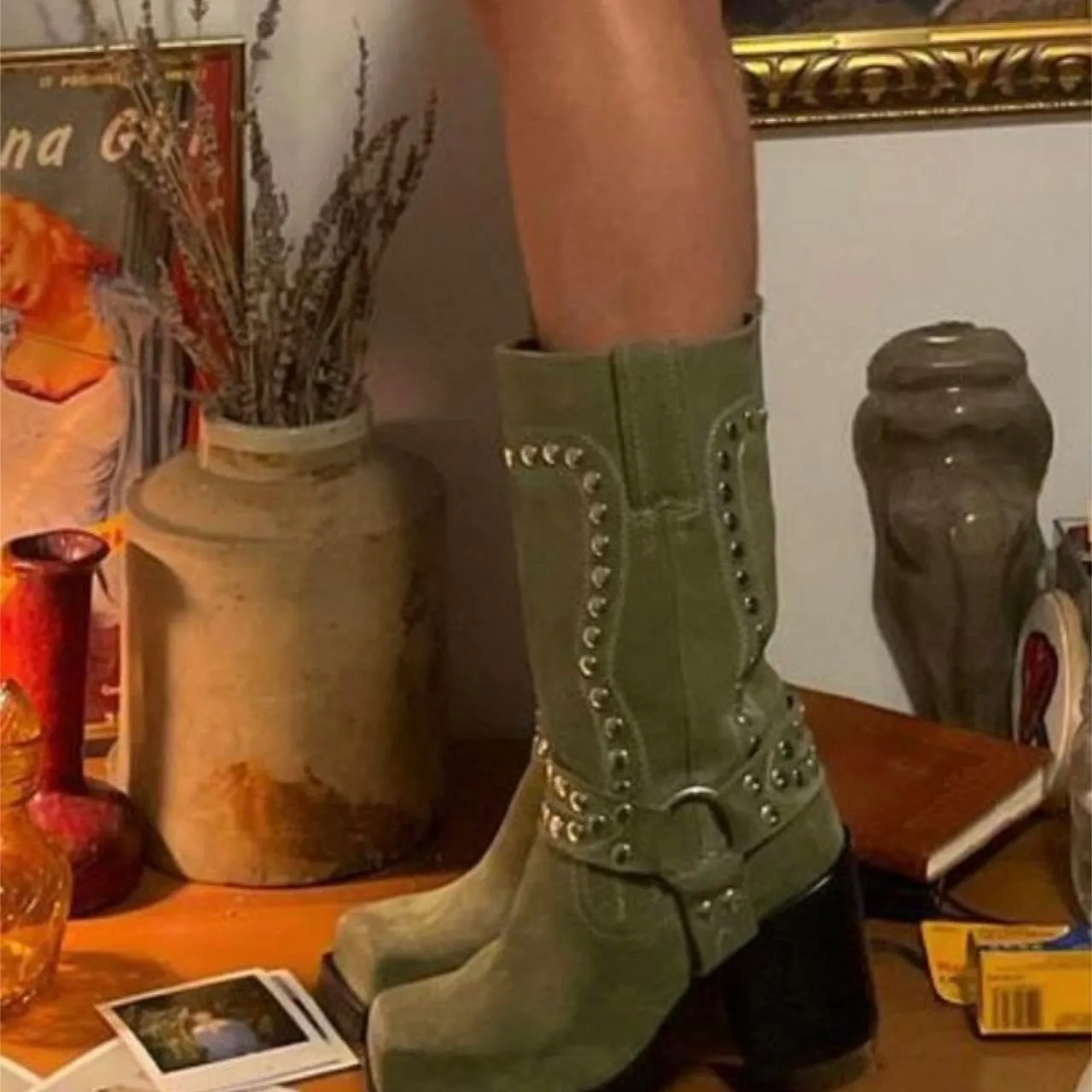 Women's Western Riding Boots Mid Calf Fashion Buckle Square Toe Chunky Heel Wide Calf Biker Boots Motorcycle Pull On Boots