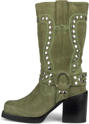 Women's Western Riding Boots Mid Calf Fashion Buckle Square Toe Chunky Heel Wide Calf Biker Boots Motorcycle Pull On Boots