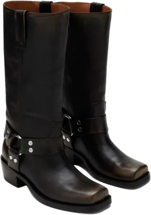 Women's Western Riding Boots Mid Calf Fashion Buckle Square Toe Chunky Heel Wide Calf Biker Boots Motorcycle Pull On Boots