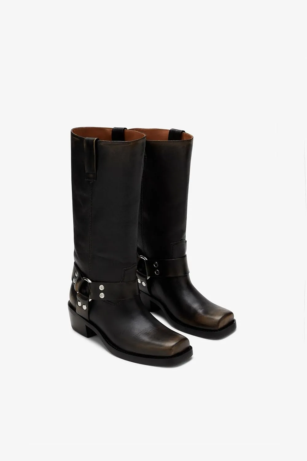 Women's Western Riding Boots Mid Calf Fashion Buckle Square Toe Chunky Heel Wide Calf Biker Boots Motorcycle Pull On Boots