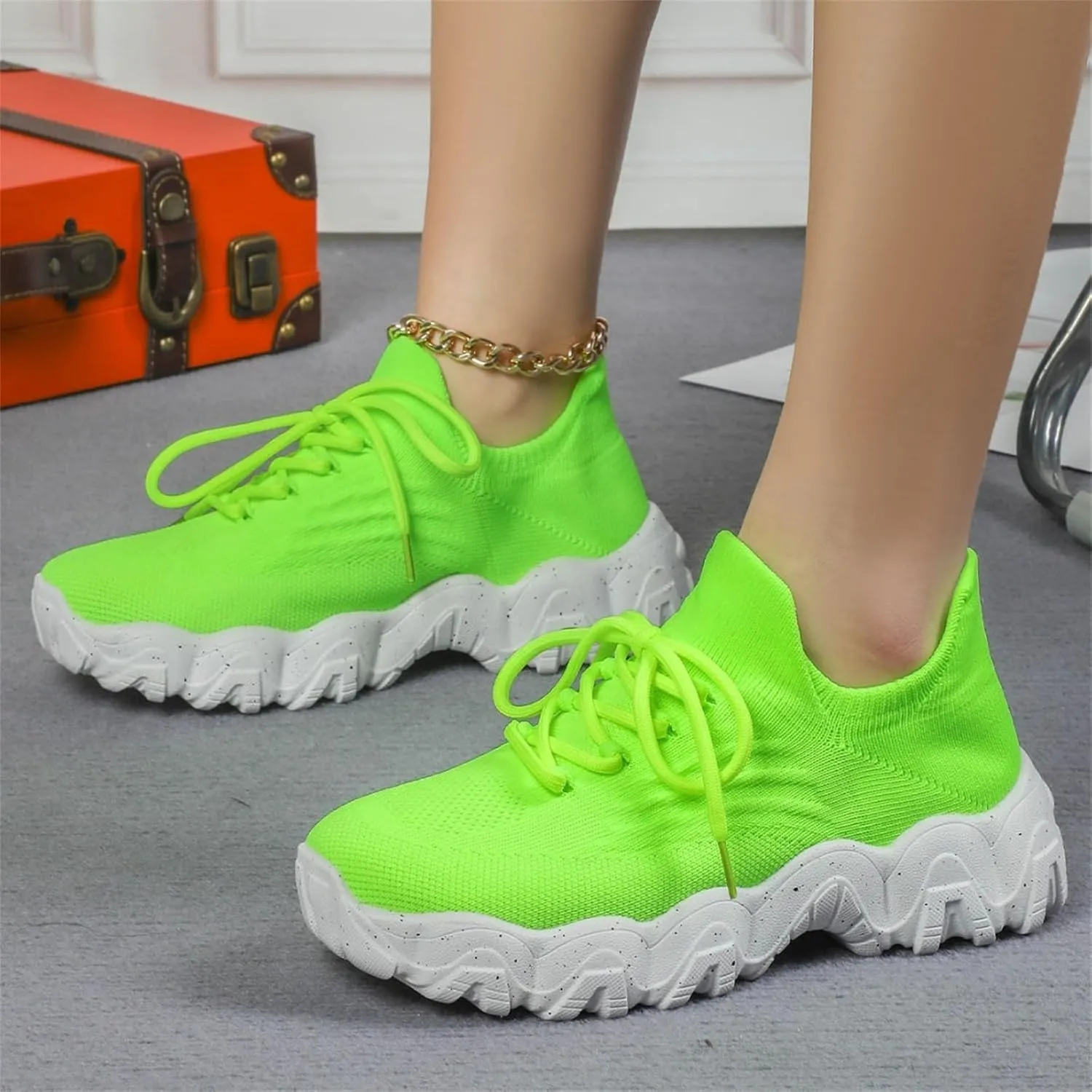 Woven Sneakers for Women Lace-up Breathable Thick Sole Walking Running Shoes Comfortable Tennis Shoes Non Slip Casual Womens Sneakers with Arch Support
