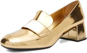 XYD Women Metallic Leather Loafers Slip On Round Closed Toe Sleek Chunky Low Heels Work Event Dress Shoes