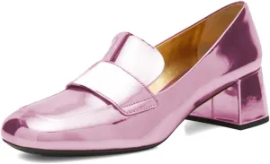 XYD Women Metallic Leather Loafers Slip On Round Closed Toe Sleek Chunky Low Heels Work Event Dress Shoes