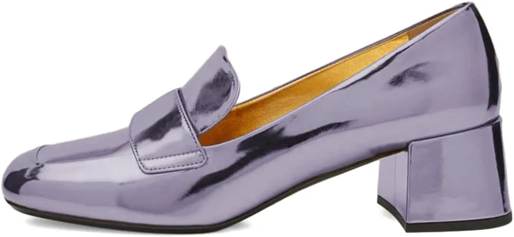 XYD Women Metallic Leather Loafers Slip On Round Closed Toe Sleek Chunky Low Heels Work Event Dress Shoes