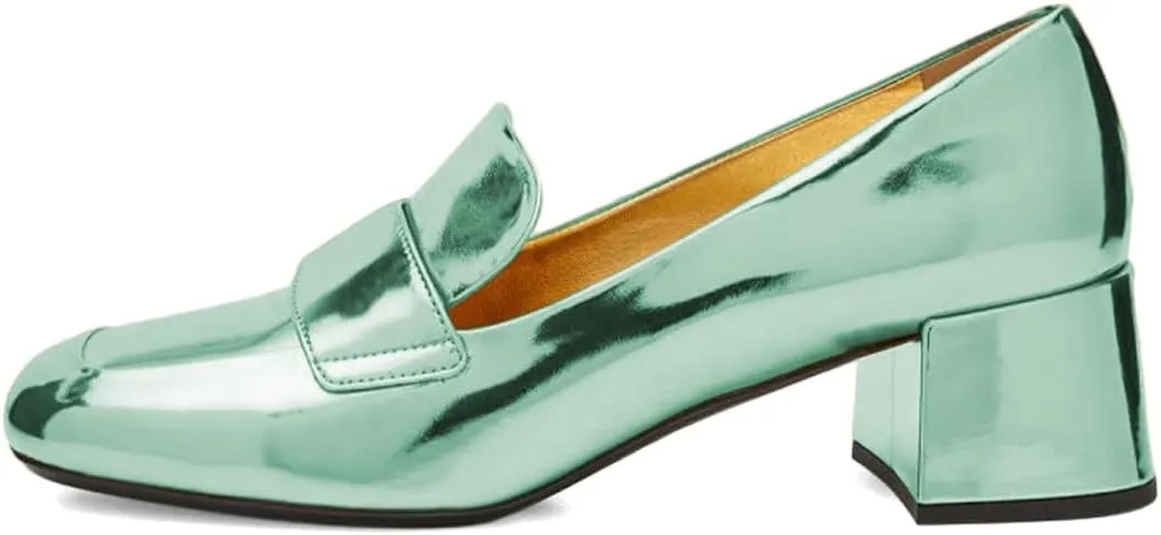 XYD Women Metallic Leather Loafers Slip On Round Closed Toe Sleek Chunky Low Heels Work Event Dress Shoes