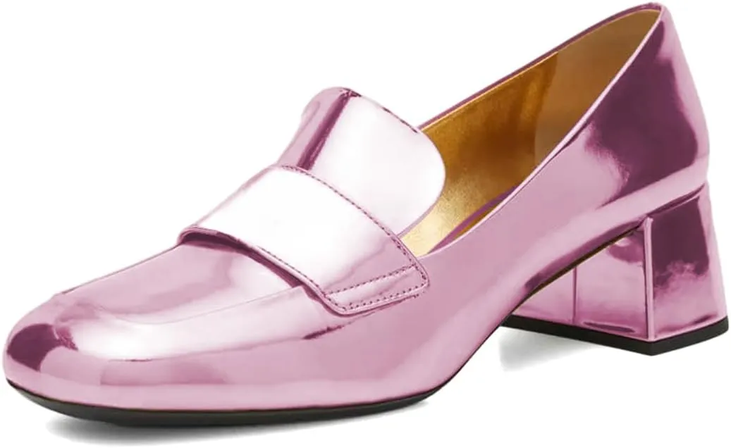 XYD Women Metallic Leather Loafers Slip On Round Closed Toe Sleek Chunky Low Heels Work Event Dress Shoes