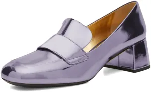 XYD Women Metallic Leather Loafers Slip On Round Closed Toe Sleek Chunky Low Heels Work Event Dress Shoes