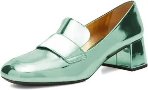 XYD Women Metallic Leather Loafers Slip On Round Closed Toe Sleek Chunky Low Heels Work Event Dress Shoes