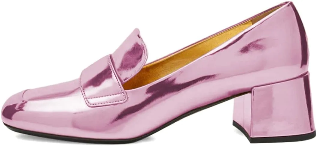 XYD Women Metallic Leather Loafers Slip On Round Closed Toe Sleek Chunky Low Heels Work Event Dress Shoes