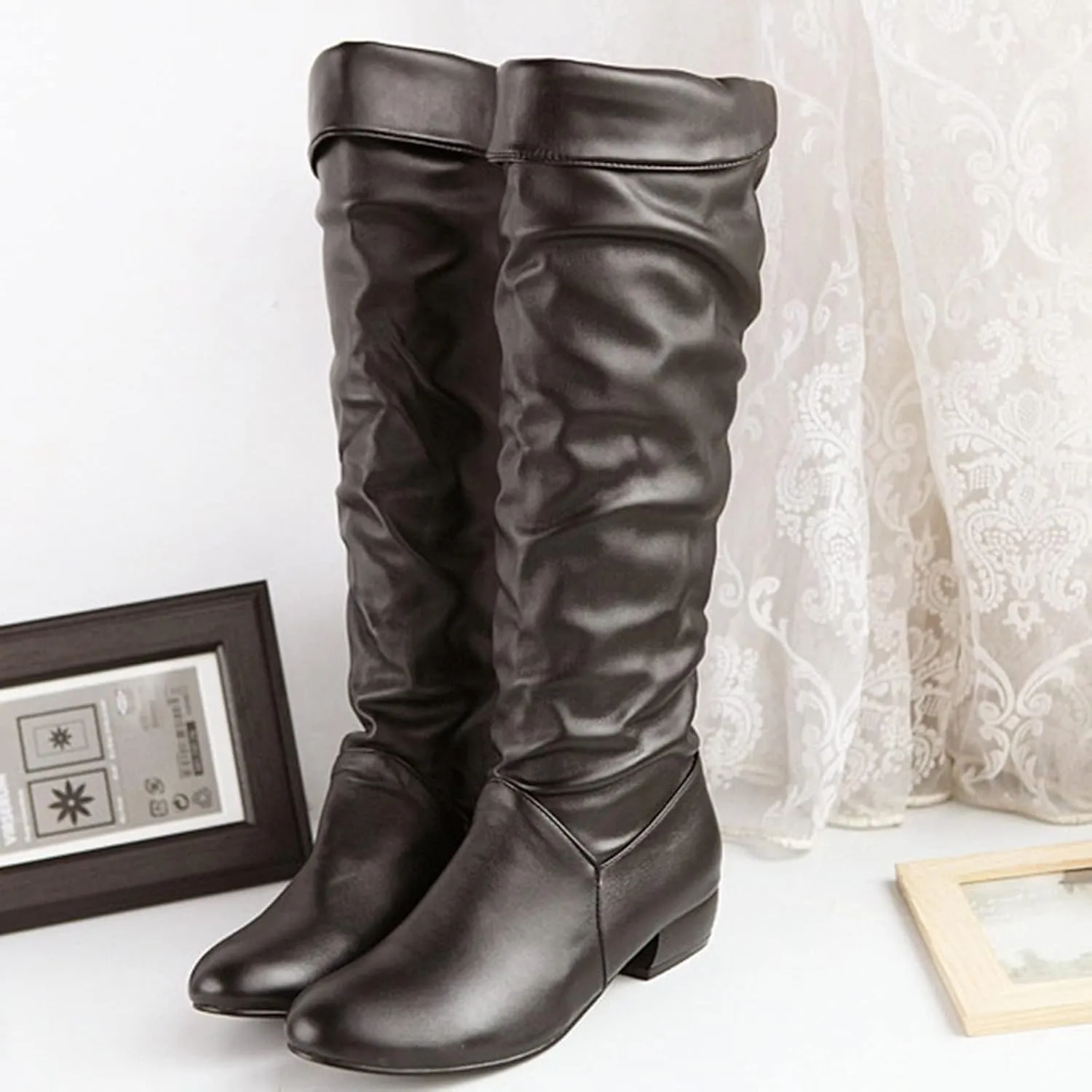 ZDLJYL Women's Stretch Knee High Boots Low Block Heel Riding Boots Ladies Elastic Fashion Winter Comfortable Black Boots